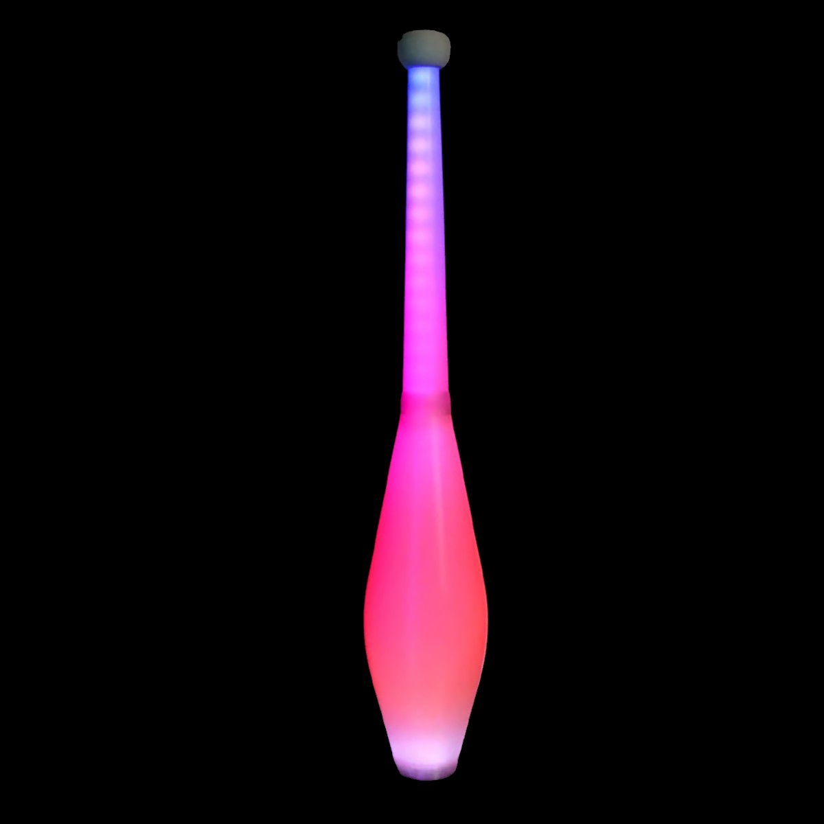 A juggling club with a delphin shape, glowing pink on black background