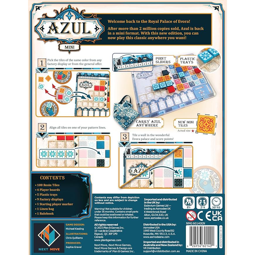 Azul Mini board game packaging with colorful tiles and instructions on a white background