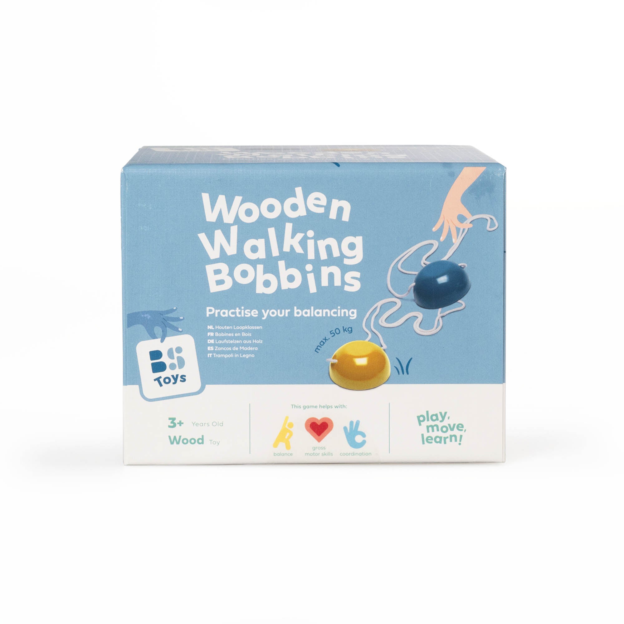 Wooden walking bobbins box on a white background