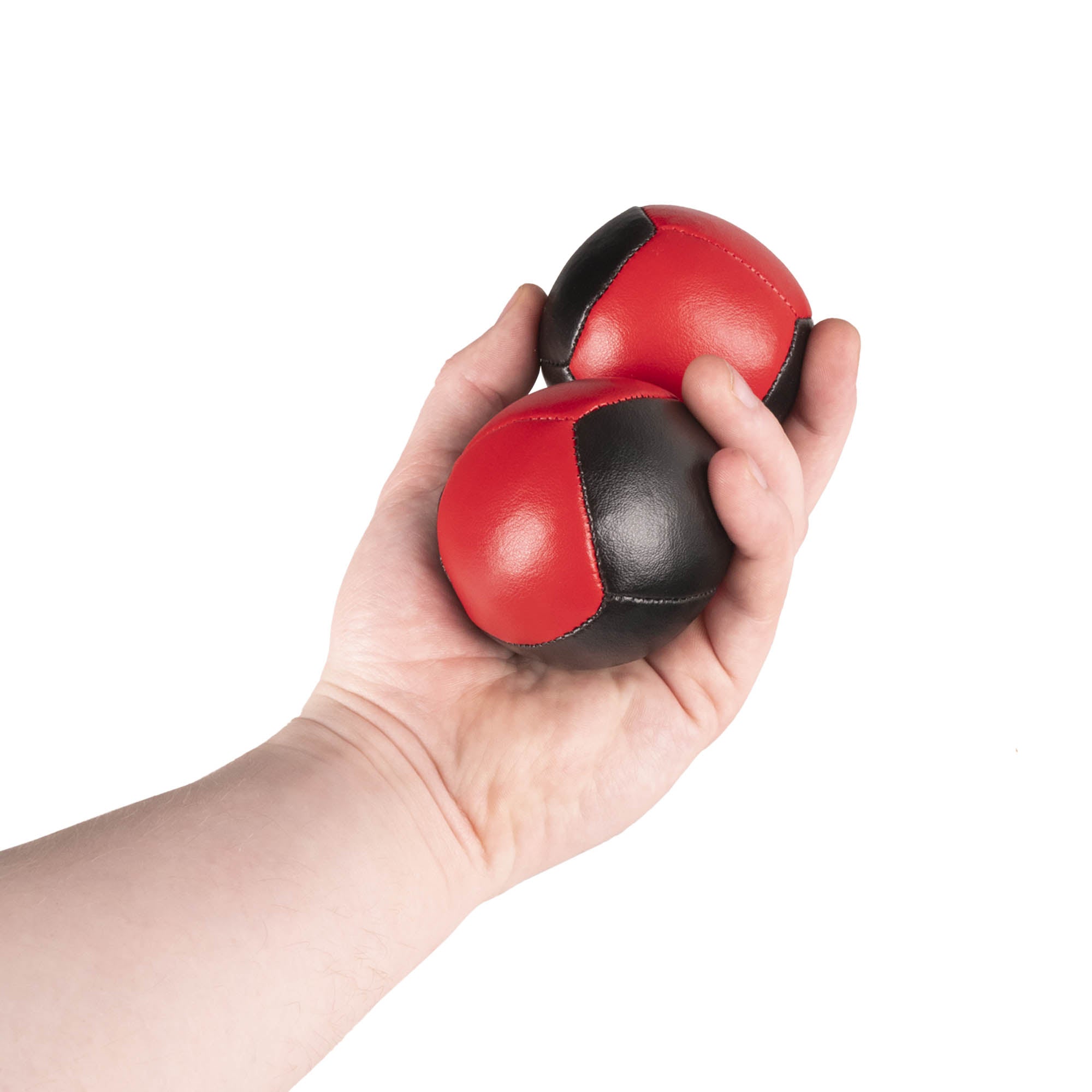 Firetoys two red/black 110g thud juggling balls in hand
