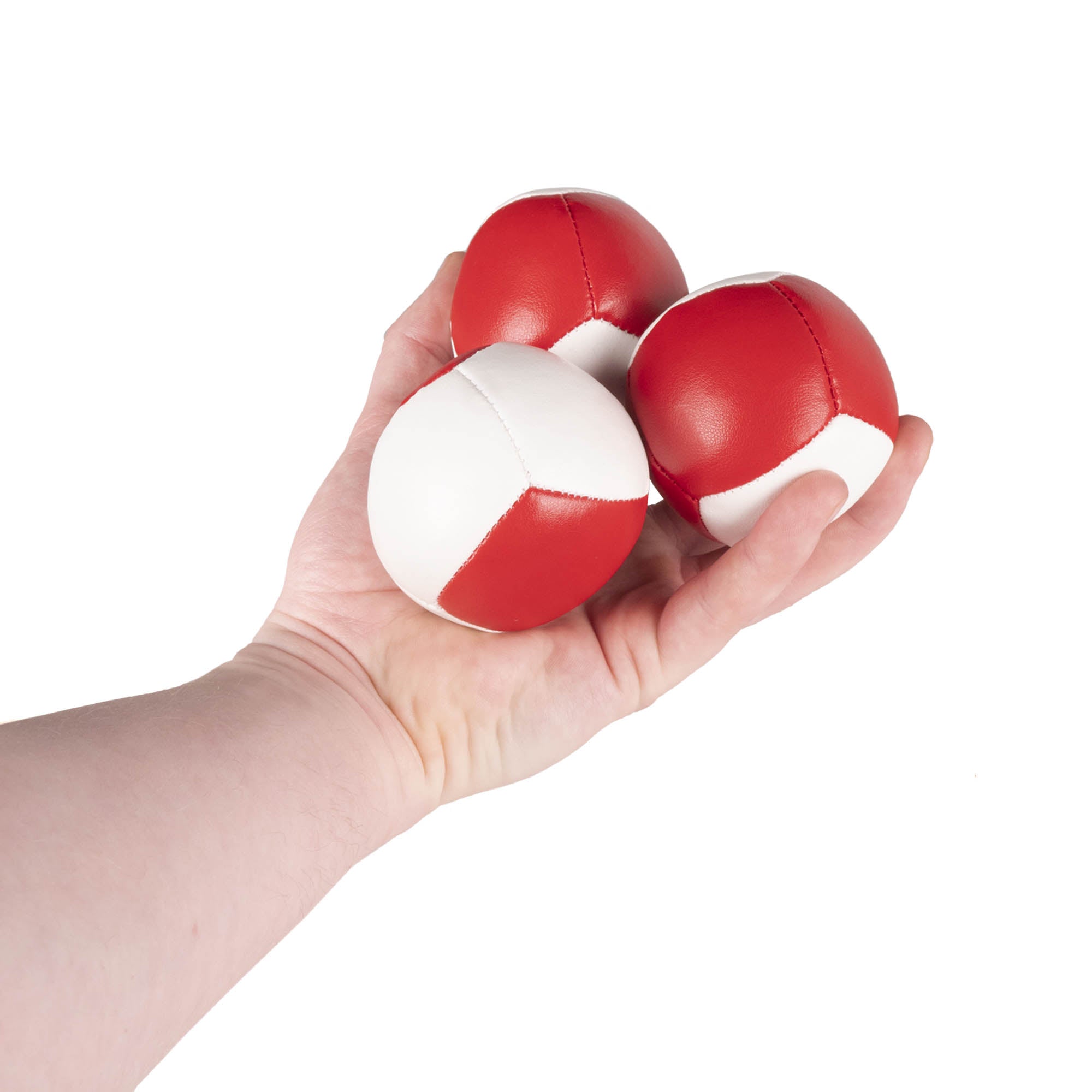 Firetoys three red/white 110g thud juggling balls in hand