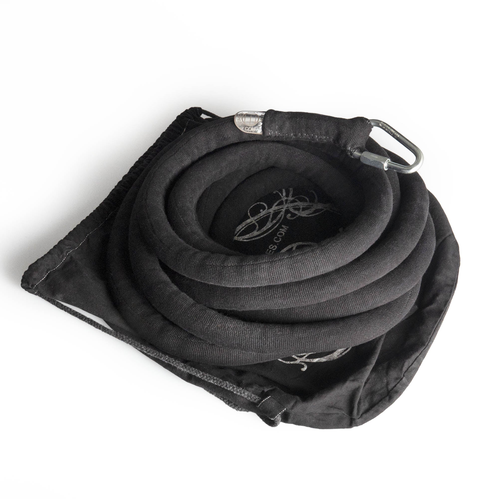 Black Leo cotton covered rope coiled up on bag