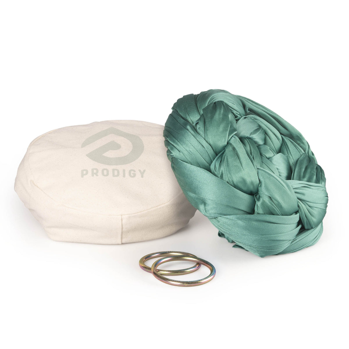 Jade Aerial Sling resting on eco bag with O-rings laying in front