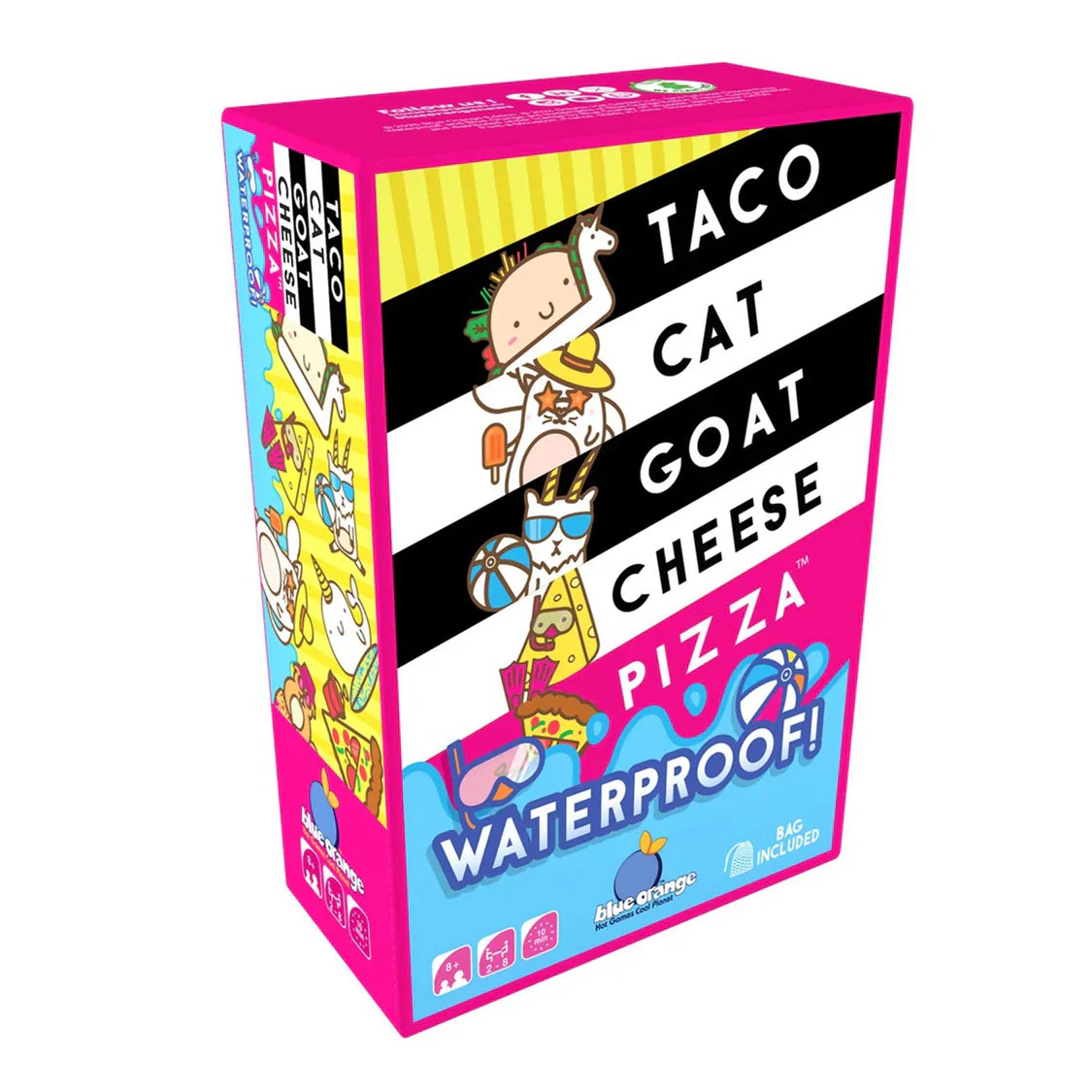 Colorful box of 'Taco Cat Goat Cheese Pizza' with cartoon characters on a white background