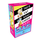 Colorful box of 'Taco Cat Goat Cheese Pizza' with cartoon characters on a white background