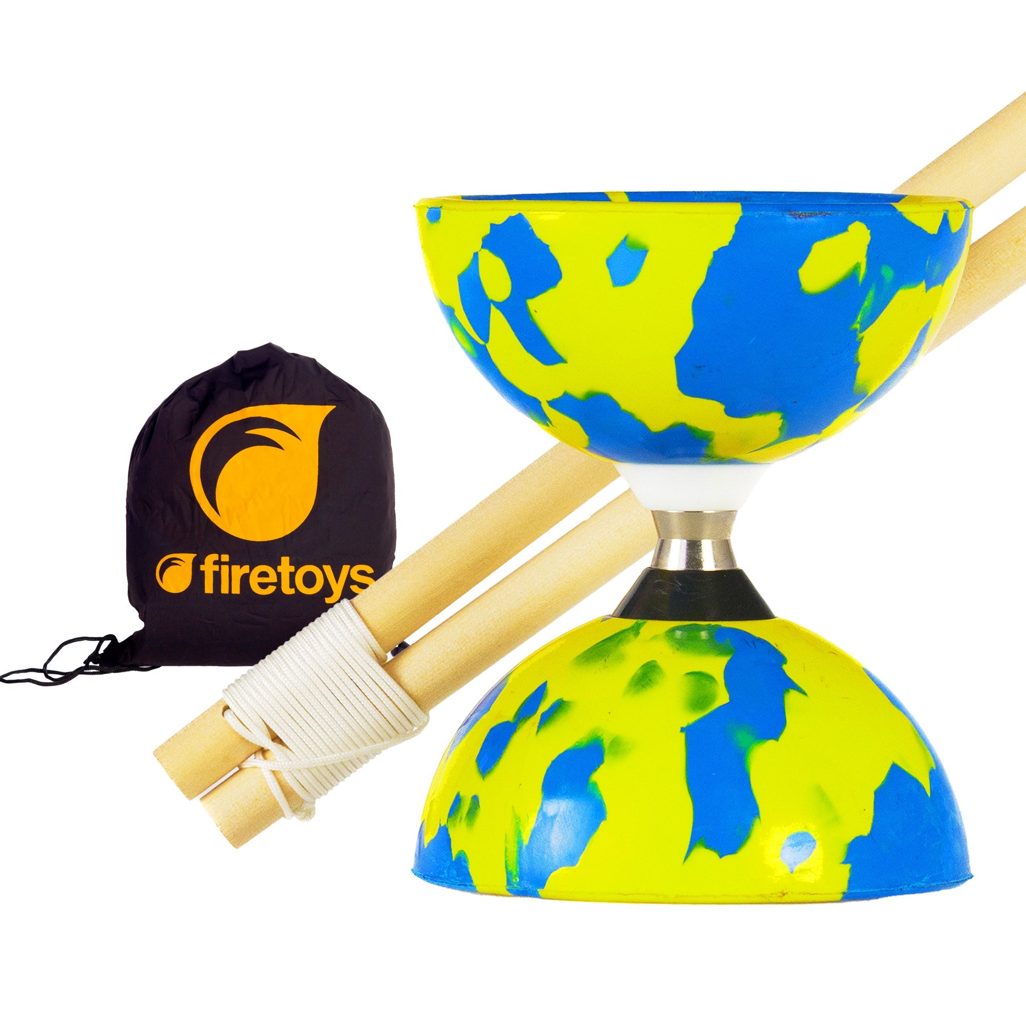 blue/yellow diabolo with wooden sticks
