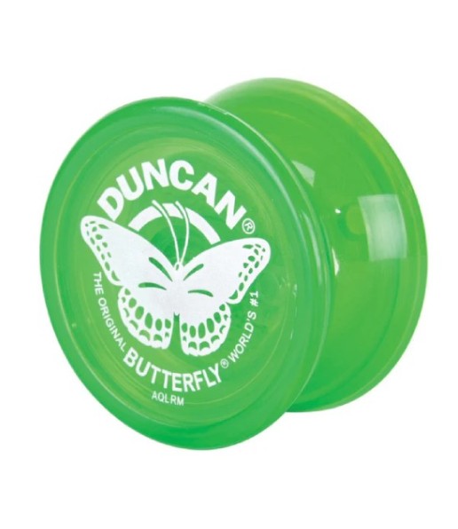 A green Duncan Butterfly Yo-Yo with a white butterfly design on the top.
