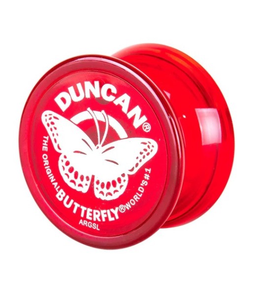 A red Duncan Butterfly Yo-Yo with a white butterfly design on the top.
