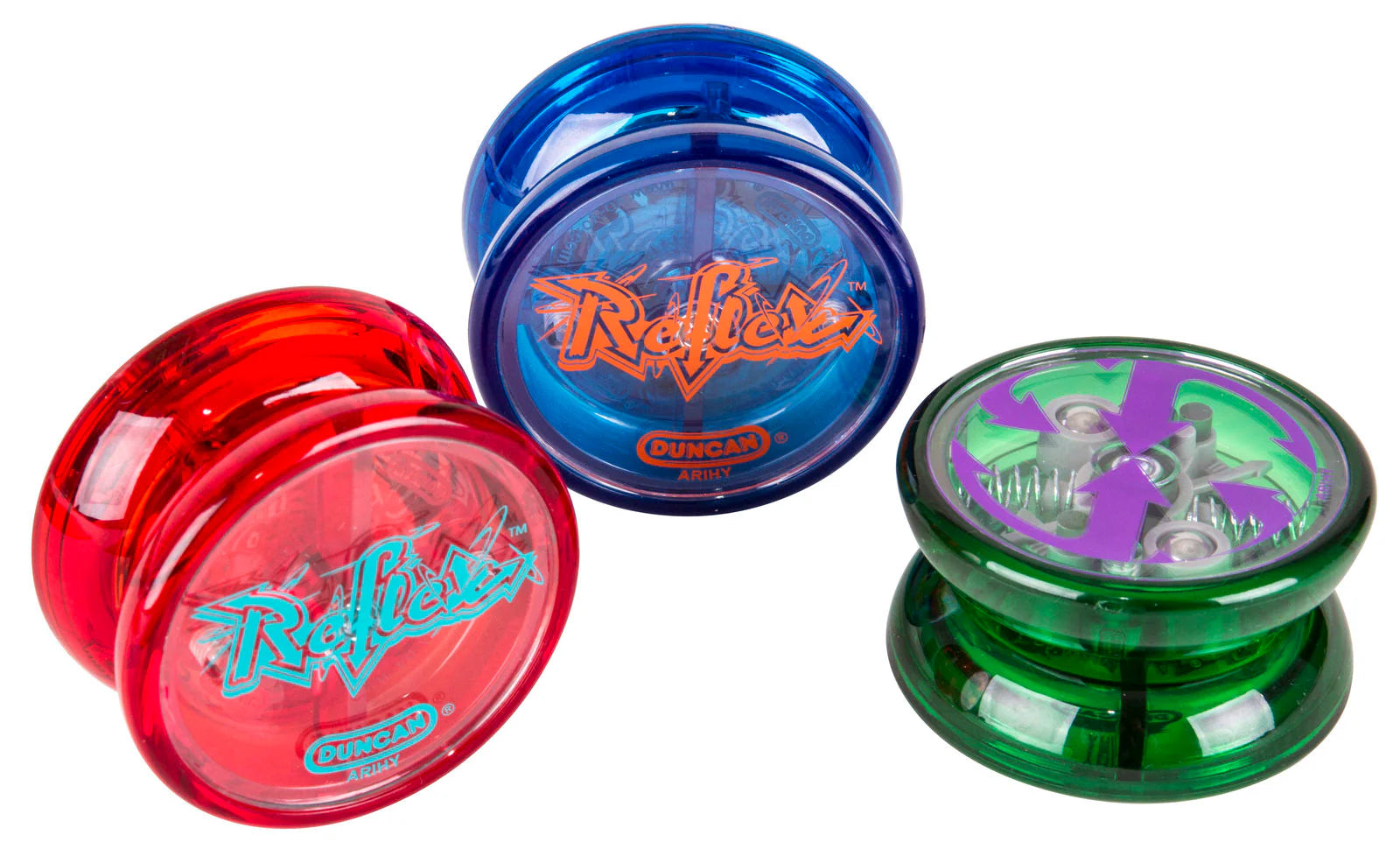 Red, blue and green Duncan Reflex Auto Return Yo-Yos