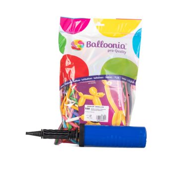 Balloonia Modelling Balloons -  Complete Set - 100 Balloons + booklet  + pump