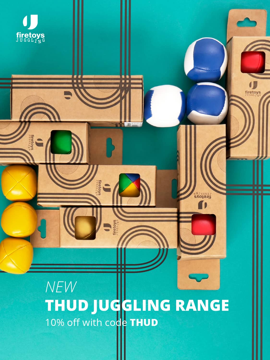 Sale banner promoting 10% off thud juggling ball range with the code 'THUD'